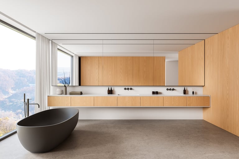 Contemporary bathroom with wood cabinets